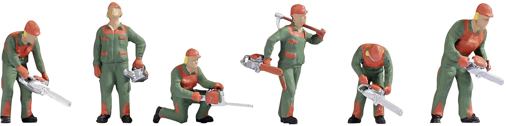 'Six toy figures in workwear with chainsaws posing in different stances.'