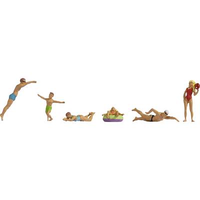 Miniature figures swimming: Diver, waver, swimmer, woman on an inflatable lilo, and swimmer with flippers and ball.