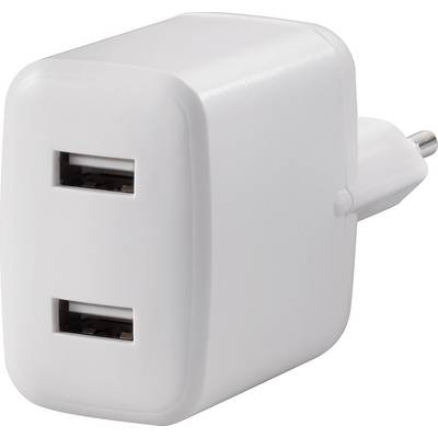 White USB power adapter with two ports for charging electronic devices.