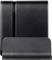 Black metal phone stand with minimalist design, showing a vertical mount for smartphones or small tablets.