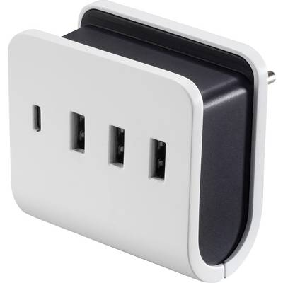A white USB charger with three USB ports and a mains plug at the back. Ideal for charging multiple devices simultaneously.