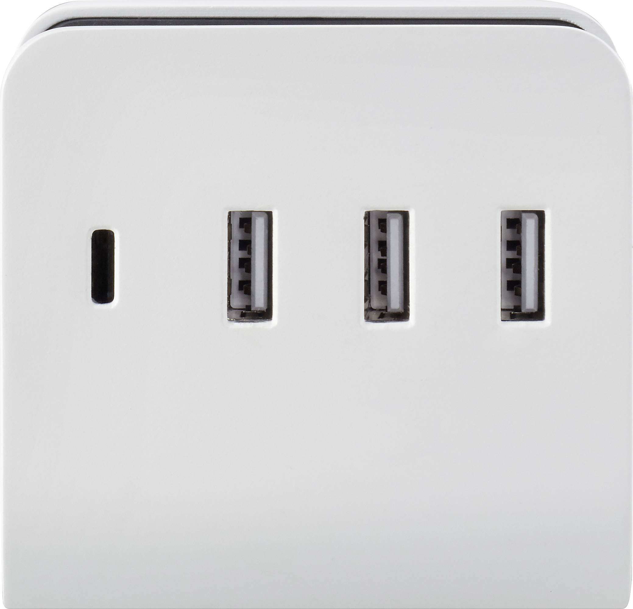A white charger with three USB-A ports and one USB-C port.