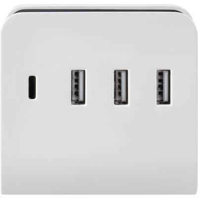 A white charger with three USB-A ports and one USB-C port.