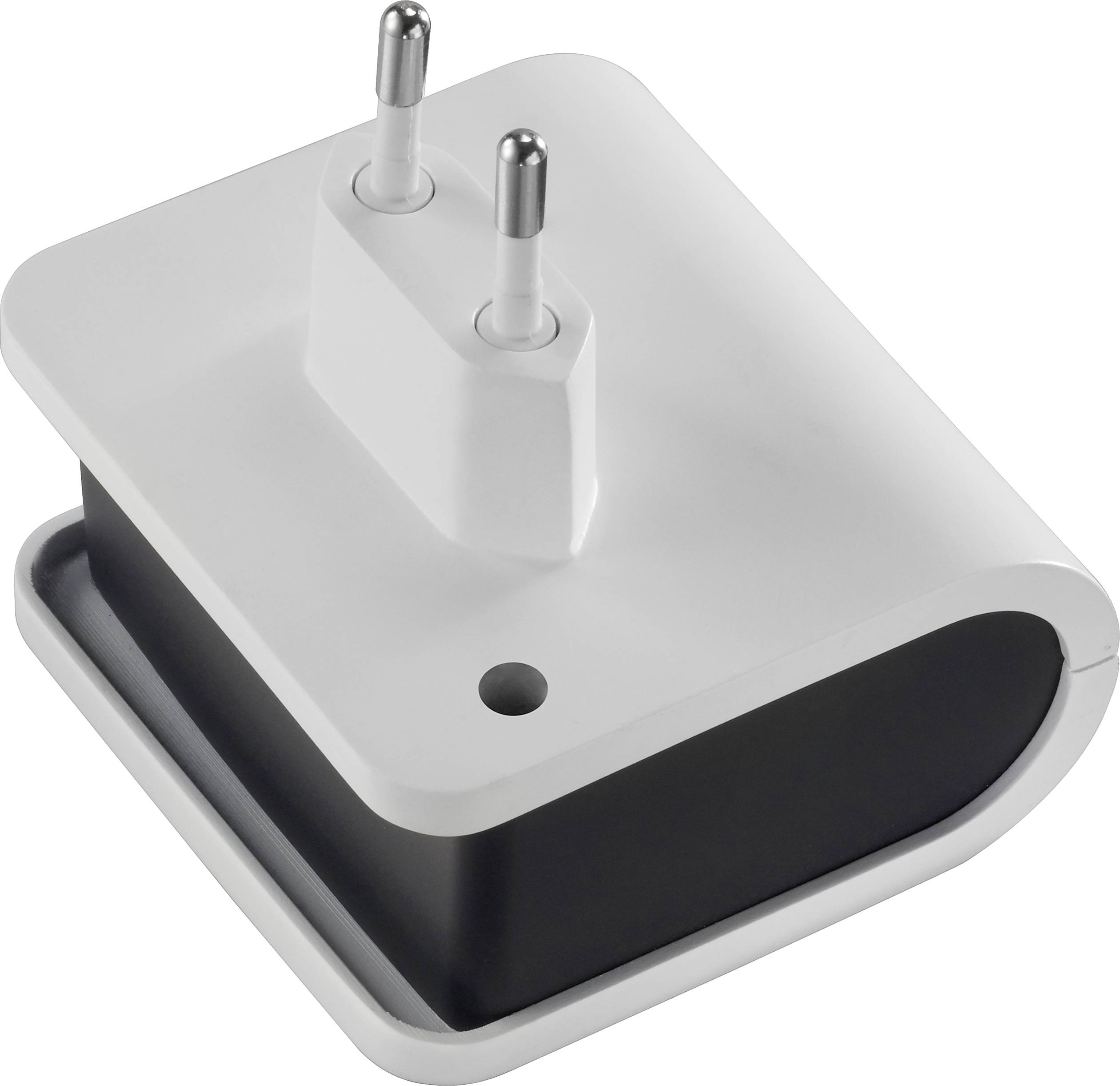 White socket with two plugs, suitable for European power outlets, against a white background.