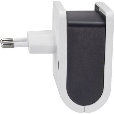 A black and white power adaptor shown at an angle. Suitable for plugging into a mains socket.