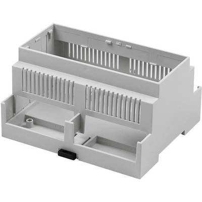 A rectangular, grey plastic enclosure with ventilated sides. Suitable for electronic modules or DIN rail mounting.