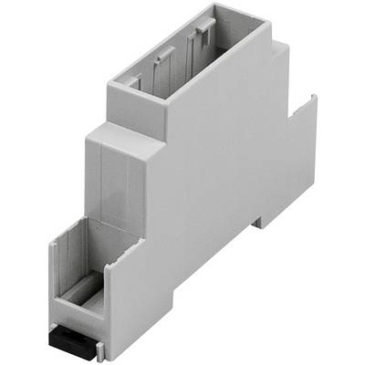 Housing for DIN rail mounting, grey, rectangular, with multiple recesses and cut-outs for cable connections.