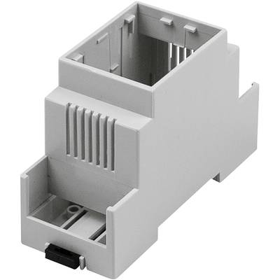 Grey, rectangular plastic casing, likely for electronic components or circuits, with ventilation slots.