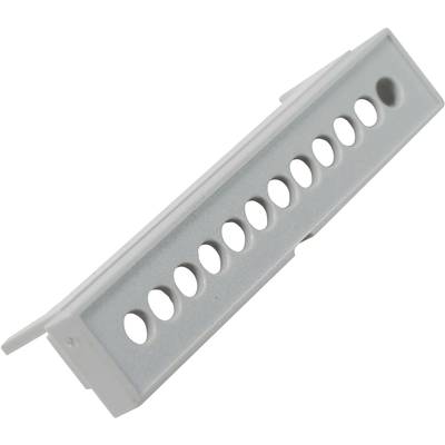 A grey plastic spare part with ten oval holes arranged in a row, potentially for a household appliance.