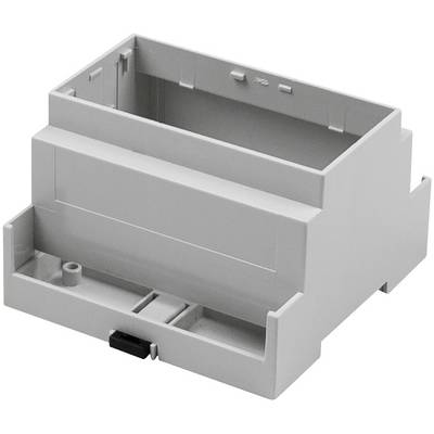 A grey, rectangular plastic enclosure designed for mounting on a DIN rail; suitable for installing electrical or electronic equipment.
