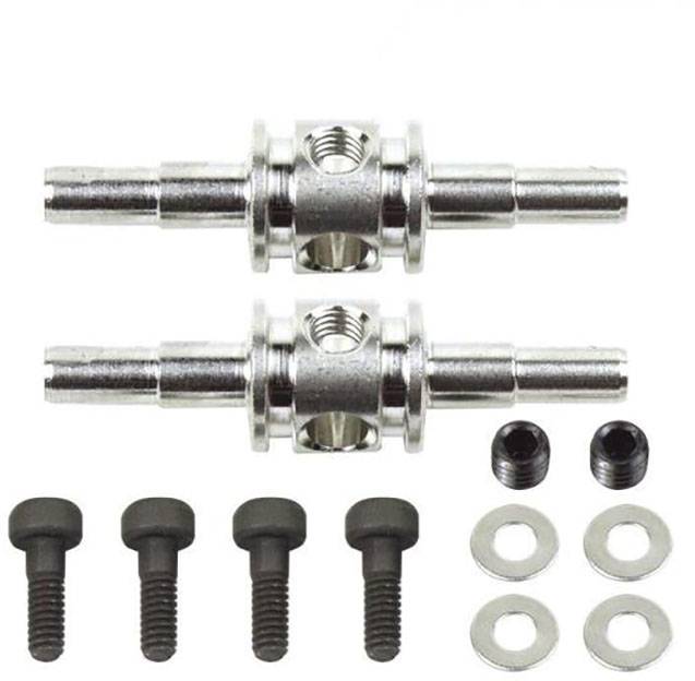 'Two metal axles with screw threads and associated mounting screws and washers.'