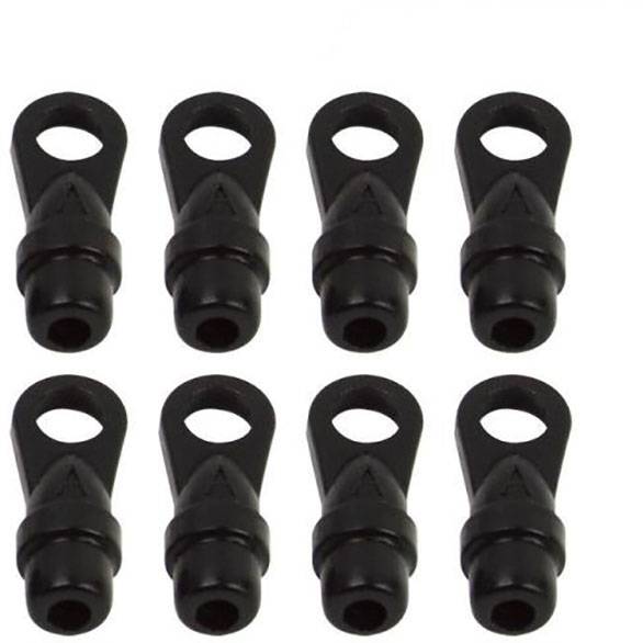 Eight black cable eyelets arranged in two rows, four in each row, on a white background.