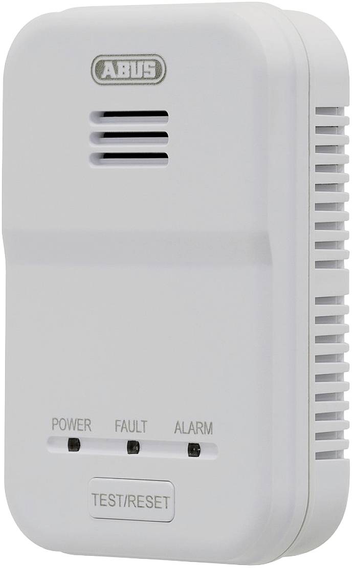 'White gas detector with slits for detecting gas leaks. Front shows status lights: POWER, FAULT, ALARM and TEST/RESET button.'