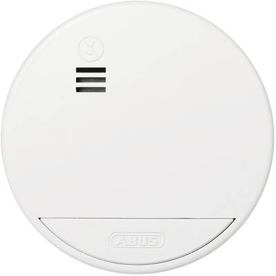 A white smoke alarm with a black ventilation slot, marked with 'ABUS'. Circular shape, minimalist design, for fire protection.