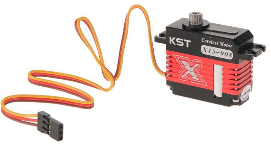 Black and red servo motor 'KST X15-908' with cable and plug, suitable for RC models.