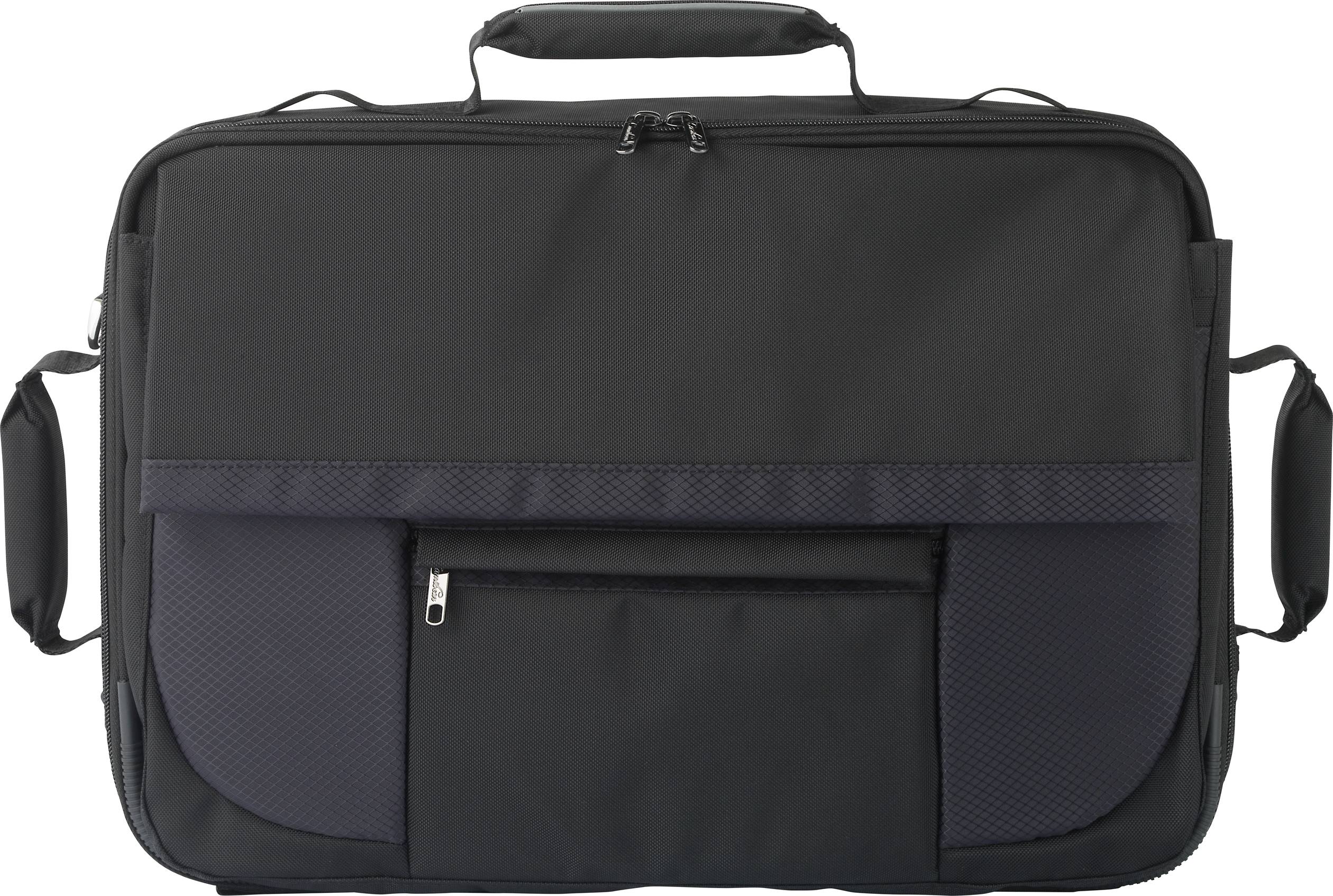 Black laptop bag with carry handle and zip compartments, suitable for business or travel use.