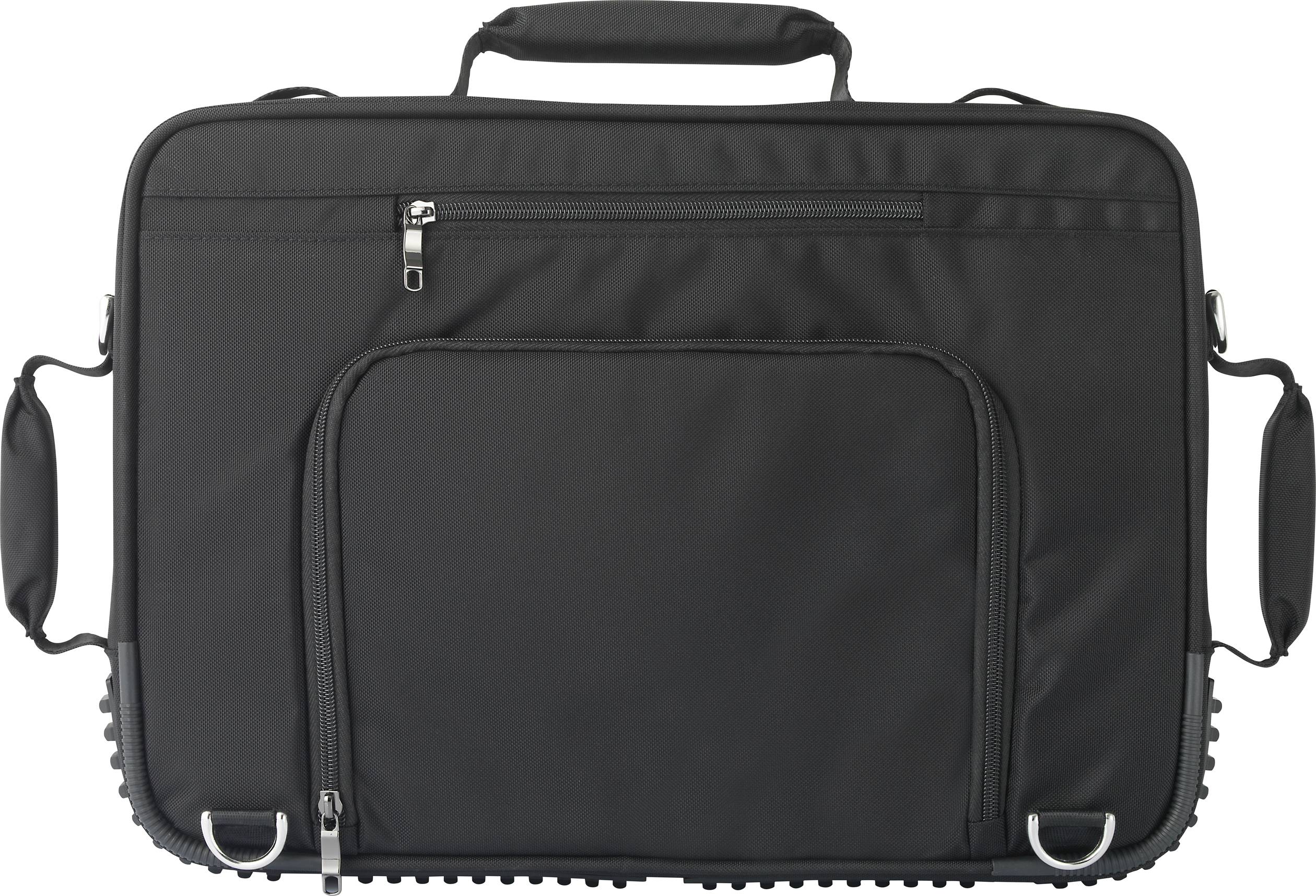 A black laptop bag with a top handle and multiple pockets, including a large front zip pocket.