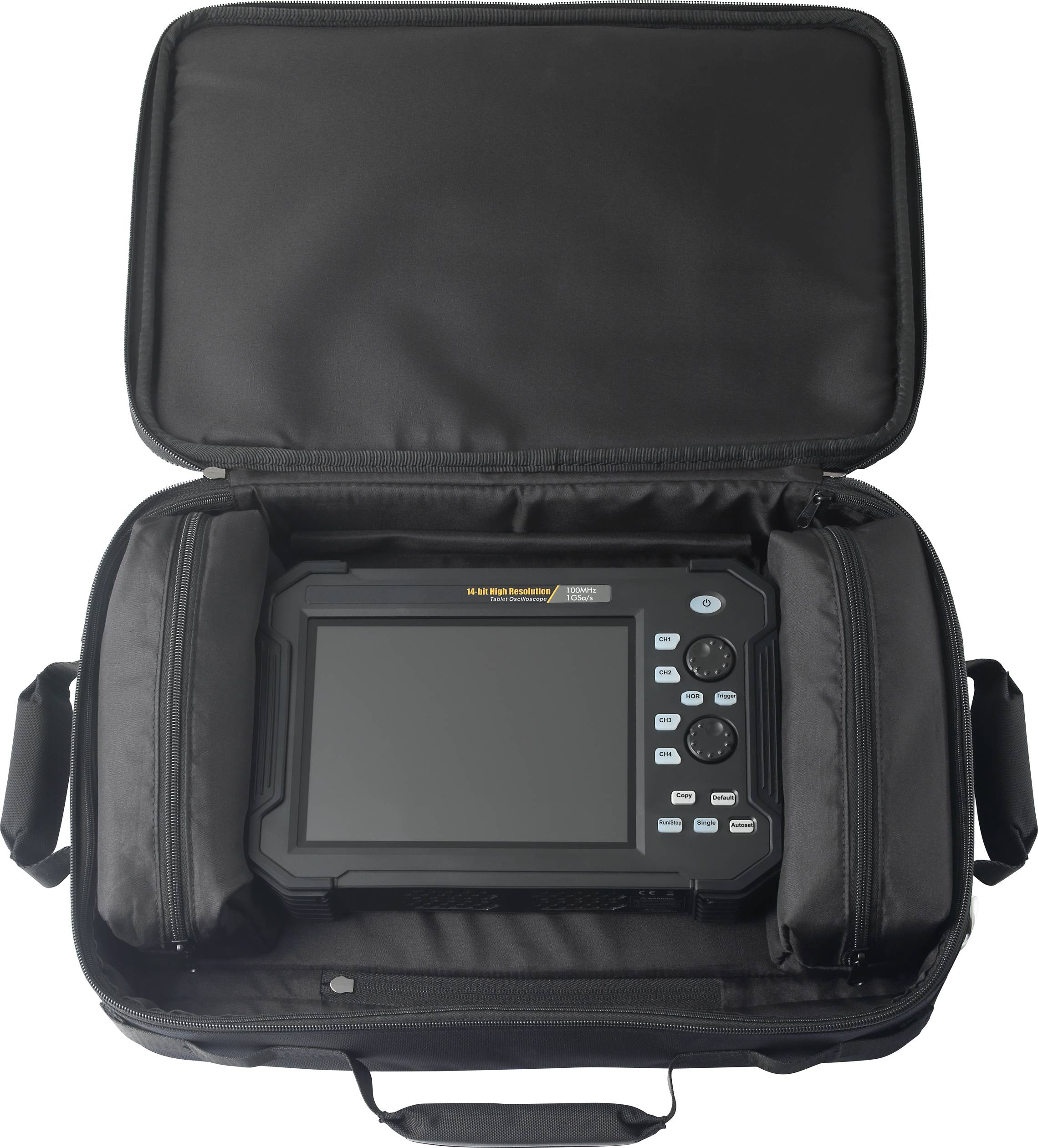 Portable electronic devices in an opened black case, ready for use or transportation, with control panels visible.
