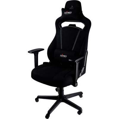 A black gaming chair with adjustable armrests and an ergonomic design. Text on the chair: 'Nitro'.