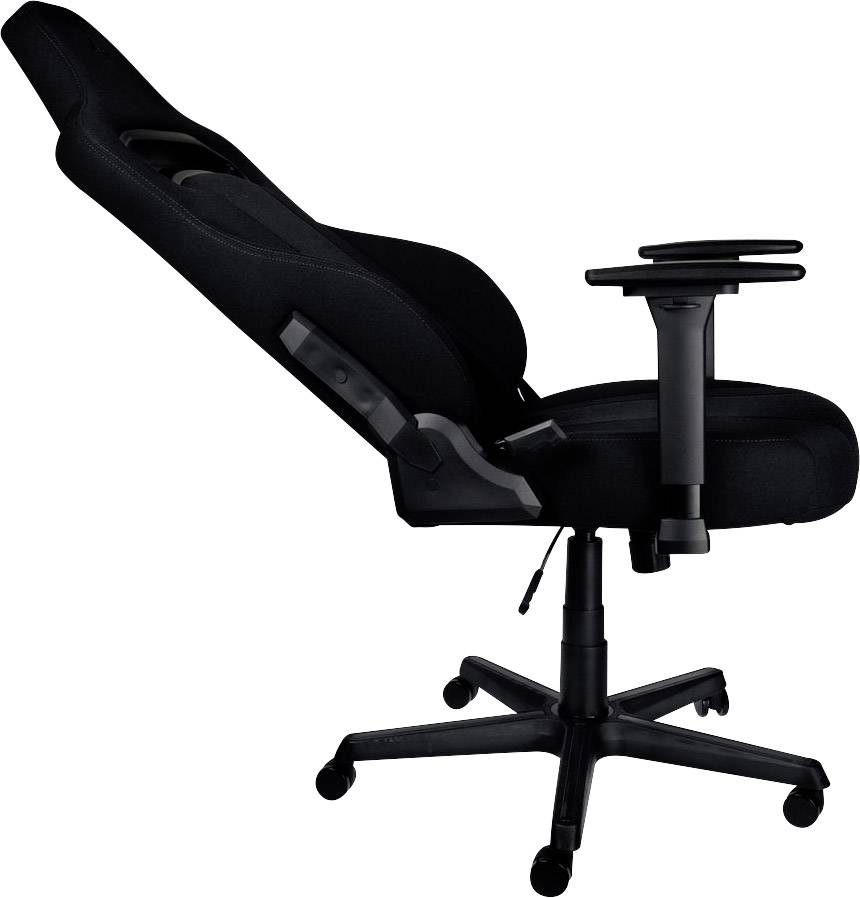 Black office chair with adjustable armrests and tiltable backrest on five castors for flexible office mobility.