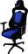 A black and blue gaming chair with armrests and height-adjustable swivel base. The backrest is ergonomically shaped.