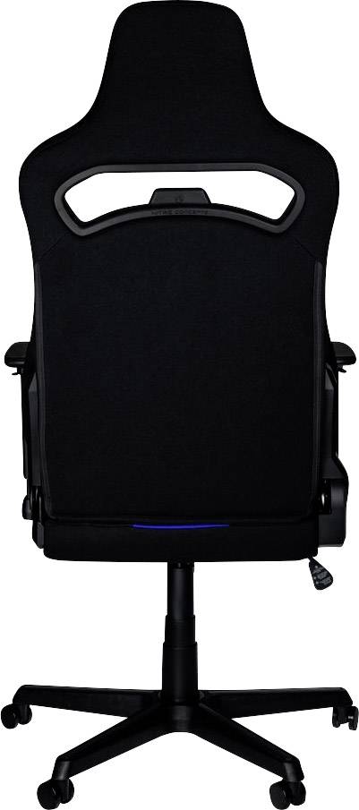 Black office chair, viewed from behind, with castors and adjustable backrest. Suitable for ergonomic desk work.
