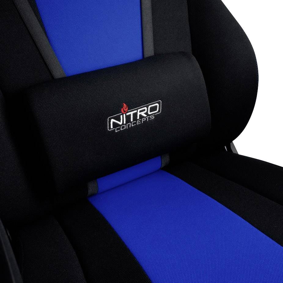 An ergonomic gaming chair with blue and black upholstery. The 'NITRO CONCEPTS' logo is visible on the lumbar cushion.