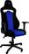 Black gaming chair with blue stripes, height-adjustable armrests, and castors. Ergonomically designed for comfort.