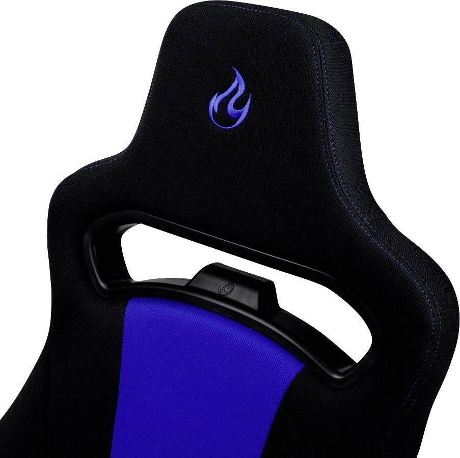 An ergonomic gaming chair with a black frame and blue accents, featuring a subtle flame logo on the headrest.