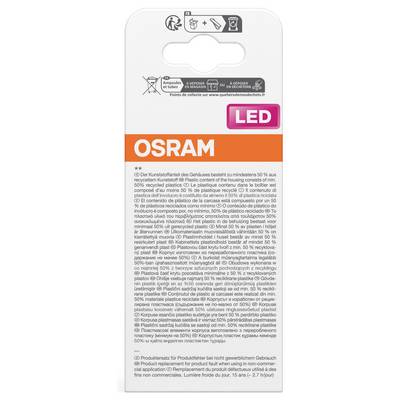 OSRAM LED light bulb packaging with recycling and disposal symbols, showing multilingual product and sustainability information.