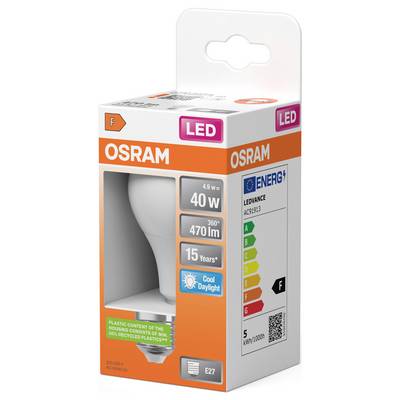 OSRAM LED bulb package showing a 40W equivalent, 470 lm, Cool Daylight, E27, energy efficiency F.