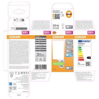 OSRAM LED lamp packaging dieline showing box panels, product details, barcode, and EU energy label for a 4.9 W, 470 lm cool daylight bulb.