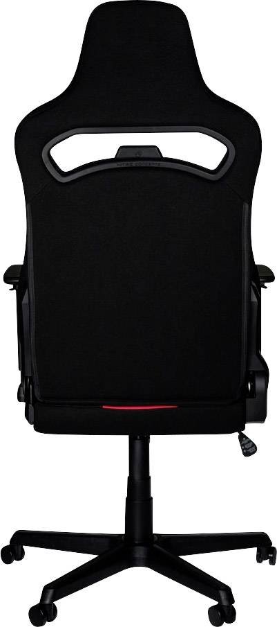 Black office chair with high backrest, visible lumbar support, and castors. Rear view.