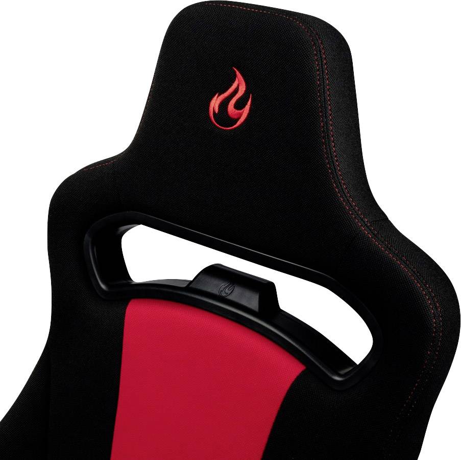 Black chair with a red cushion and flame symbol on the backrest, designed for sitting comfort.