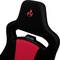 Black chair with a red cushion and flame symbol on the backrest, designed for sitting comfort.