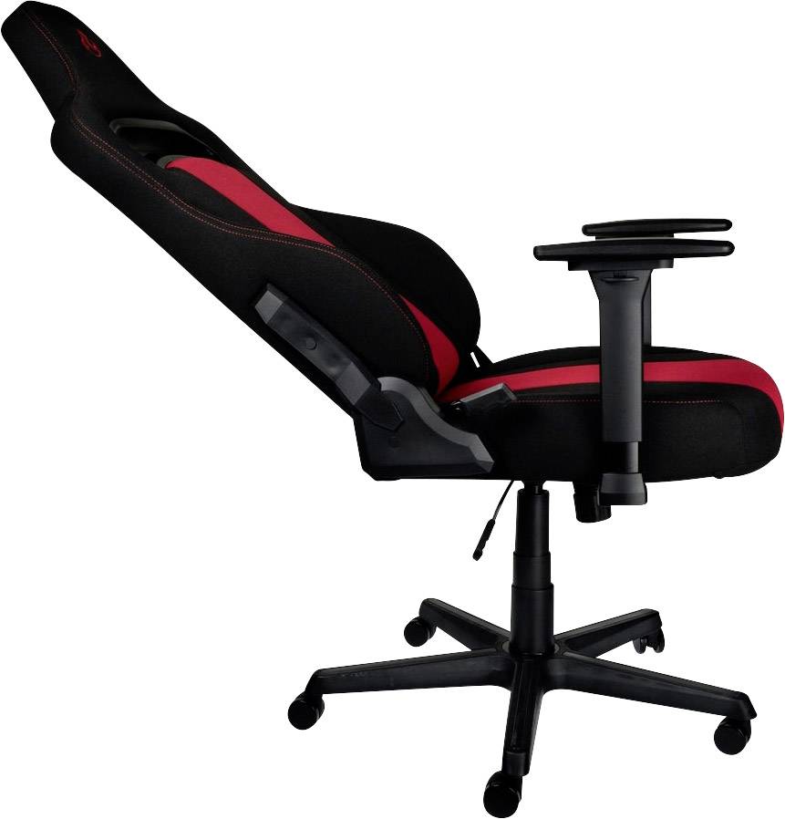 Black and red gaming chair with adjustable armrests and wheels, viewed from the side.