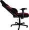 Black and red gaming chair with adjustable armrests and wheels, viewed from the side.