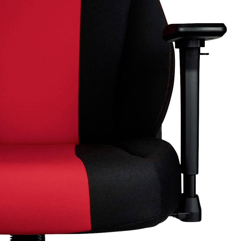 Black and red office chair with height-adjustable armrests, ergonomic design, focusing on comfort and support.