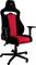 Black and red gaming chair with adjustable armrests and castors, suitable for long gaming or work sessions at a desk.
