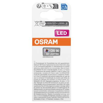 Back of an Osram LED lamp packaging, showing disposal instructions, product information, a CRI value of 90, and HD lighting.