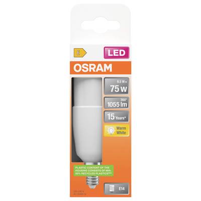 OSRAM LED light bulb package showing a 75W equivalent, 1055 lm, 15 years, warm white, E14 base, and plastic contents with 50% recycled materials.