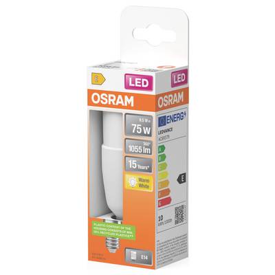OSRAM LED light bulb retail box showing E14 fitting, 9W, 1055 lm, warm white, 15-year life, and energy label E.