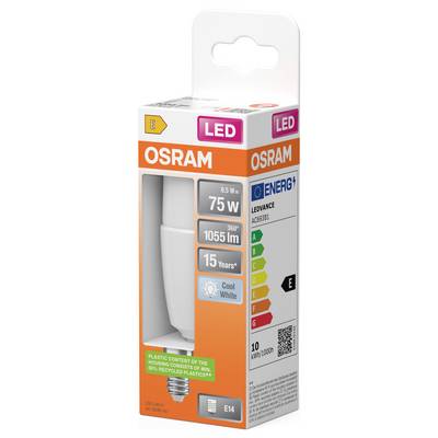 OSRAM LED light bulb package labeled 9.5W, 75W equivalent, 1055 lm, cool white, E14 base, 15-year life, energy class E.