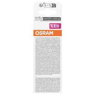 OSRAM LED bulb packaging with recycling and disposal symbols, product label, and multilingual product information text.