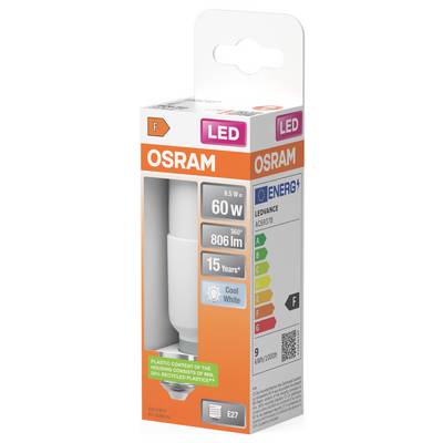 OSRAM LED light bulb package showing a 9W A60/B22 lamp, 806 lm, 15 years, cool white, energy class F.