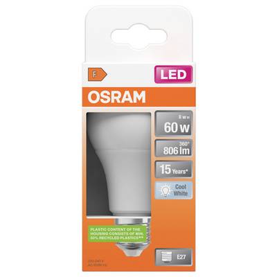 OSRAM LED light bulb package, showing an 8W bulb equivalent to 60W, 806 lm, 15 years, cool white, E27 base.