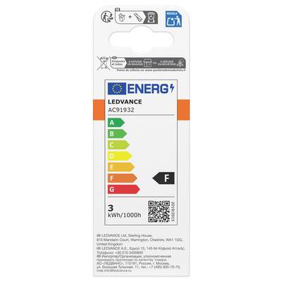 EU energy label for a LEDVANCE LED lamp, model AC91932, showing efficiency class F and estimated use of 3 kWh/1000h.