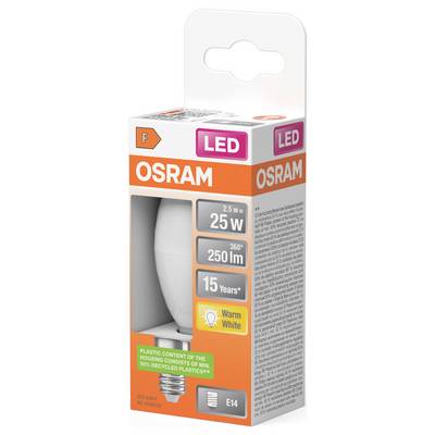 OSRAM LED light bulb package showing a 2.5W bulb equivalent to 25W, 250 lumens, warm white, E14 base, and 15 years life.