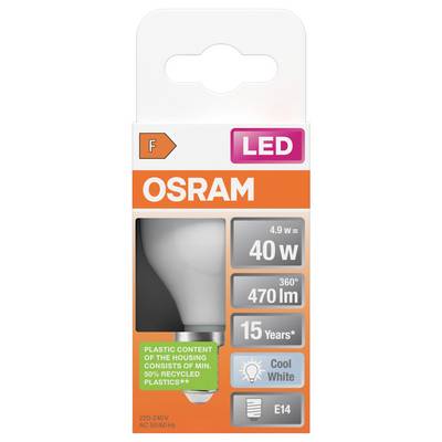 OSRAM LED light bulb package, labeled 4.9 W = 40 W, 470 lm, 15 years, cool white, E14 base.
