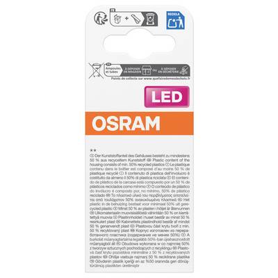 OSRAM LED product packaging with recycling and disposal instructions in French and German, showing a clear cutout window and a large 'LED' label.